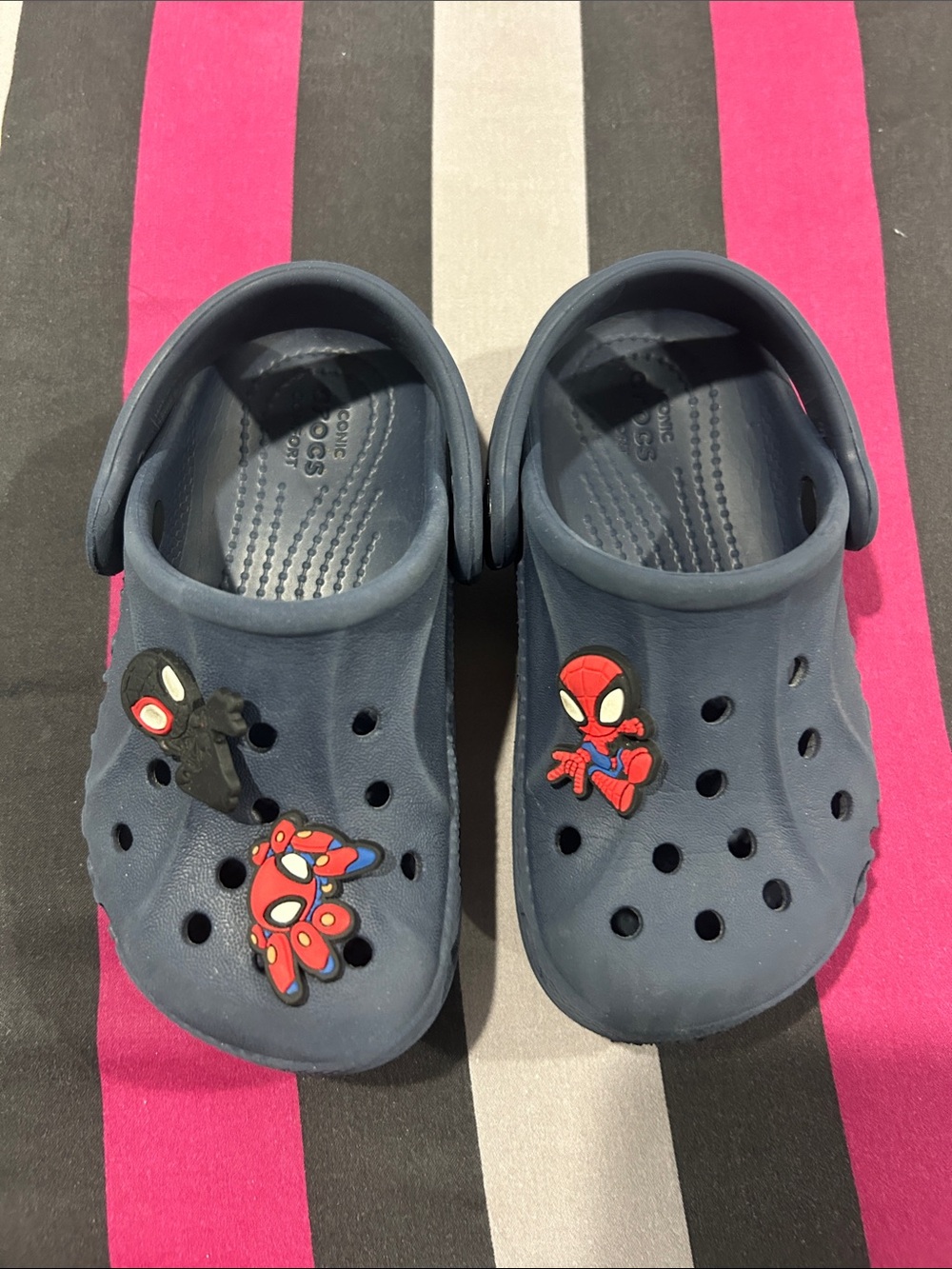 CROCS Kids Navy Blue Clog Sandals with Spider Hero Charms